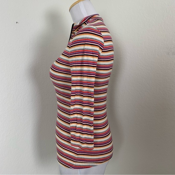 Express One Eleven Striped Ribbed Zip Neck Top 3/4 Sleeves Retro Size XS - Picture 16 of 16
